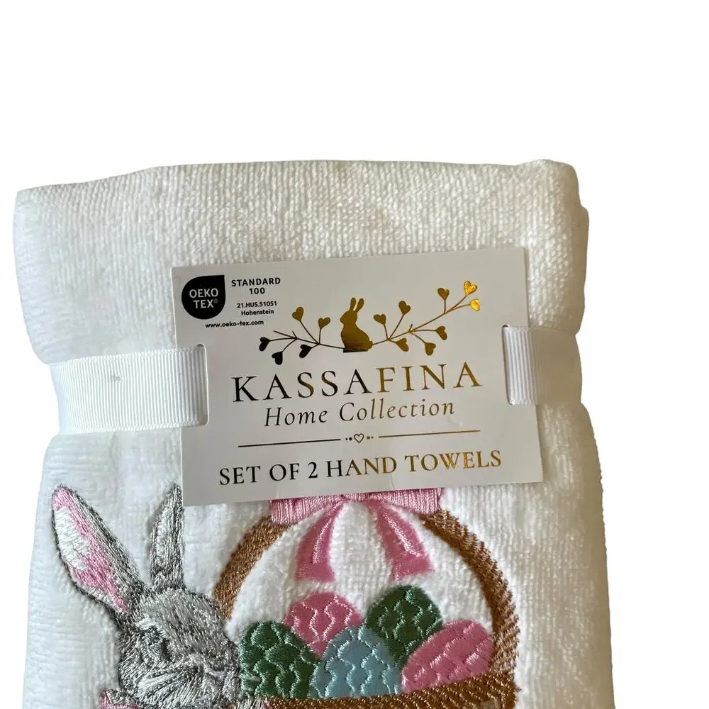 NEW Kassafina 2 Pk Plush Hand Towels Embroidered Spring Easter Bunny Eggs Basket